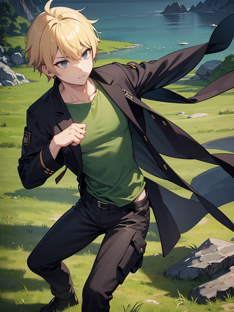 Main Clothing**:
- **chemise**: Ryuga wears a black fitted long-sleeved shirt., made from a lightweight, durable fabric that allows freedom of movement and protection from the weather.
- **jaket**: Over the shirt, he wears a dark green sleeveless jacket with several pockets, Ideal for carrying essential items and small Hunter gear.
- **Pants**: Pants cargo de cor cinza, Reinforced knees for durability and multiple pockets for extra utility.
- **shoes**: black combat boots, resistant and comfortable, perfect for long walks and fights.