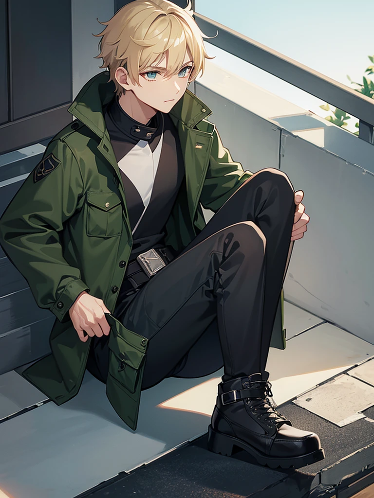 Main Clothing**:
- **chemise**: Ryuga wears a black fitted long-sleeved shirt., made from a lightweight, durable fabric that allows freedom of movement and protection from the weather.
- **jaket**: Over the shirt, he wears a dark green sleeveless jacket with several pockets, Ideal for carrying essential items and small Hunter gear.
- **Pants**: Pants cargo de cor cinza, Reinforced knees for durability and multiple pockets for extra utility.
- **shoes**: black combat boots, resistant and comfortable, perfect for long walks and fights.