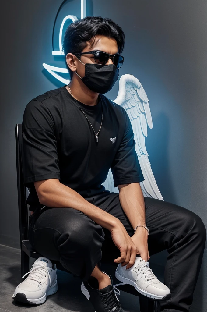 create a 3D illusion for a profile picture where a 23 year old boy cute BOY in a BLACK shirt sitting casually on a wingback Horse, wearing sneakers, with black mask, and sunglasses, be looks ahead, the background features RAJAN in big and capital Light Blue neon light font on the dark grey wall, there should not be his shodow, and there are wings to make it appear as if be is an angel.