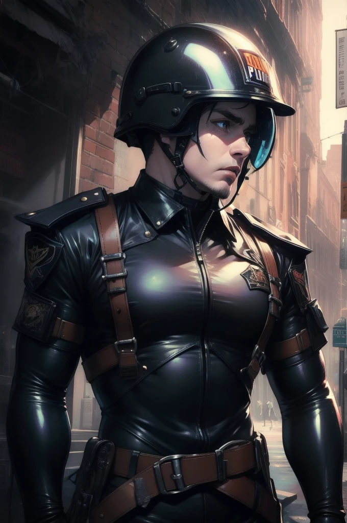 Very detailed, Very realistic, Very sharp, Hyperrealism, Ultra-realistic, Highest quality, arms, Are standing, Shiny, holster, adult long face, 50 years old, Sharp jaw, face visible, Very short hair, face, adult face, long face, rough face, Helmet, no skin, Military pose, Helmet, holster, Harness, Black Latex Dieselpunk Police, plating, Heavy shoulder, in line, male