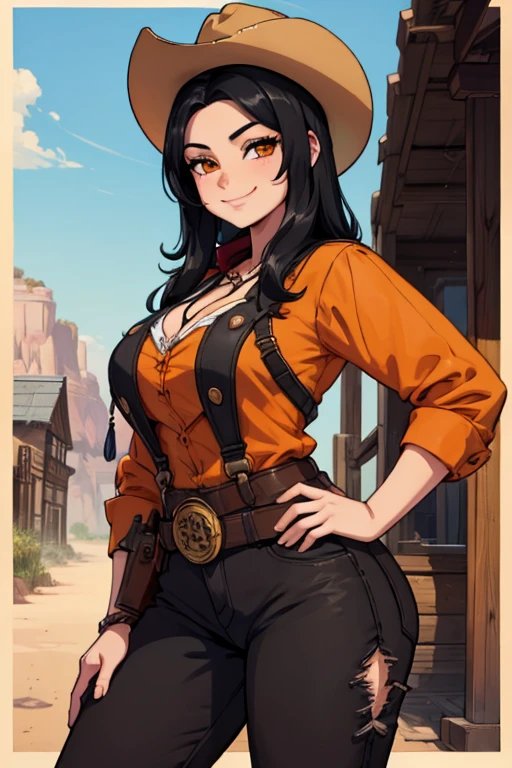 perfect face, perfect hands. A black haired female cowgirl with orange eyes in a conservative cowgirl outfit is smiling while leaning forward with a big smile in saloon