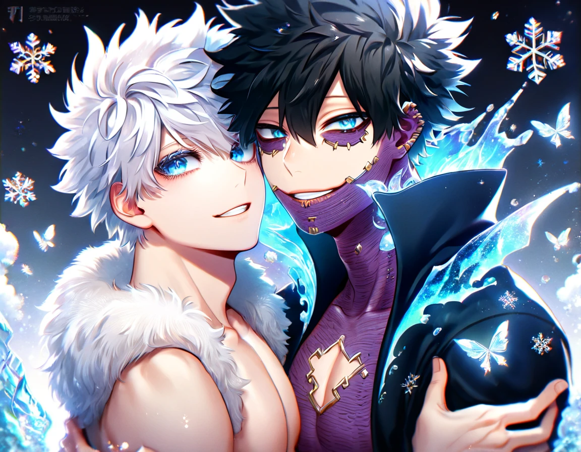 absurdres, highres, ultra detailed, HDR, master piece, best quality, extremely detailed face, delicated features, Dabi, black hair, expressive turquoise eyes, Boku No Hero Academia, Gojou Satoru, white hair, expressive blue eyes, white eyelashes, two sexy men together, yaoi, gay couple, handsome, smiling, blue jacket with fur, black coat, fantasy, magical, ice, blue fire, ice butterflies, snowflakes, starry night
