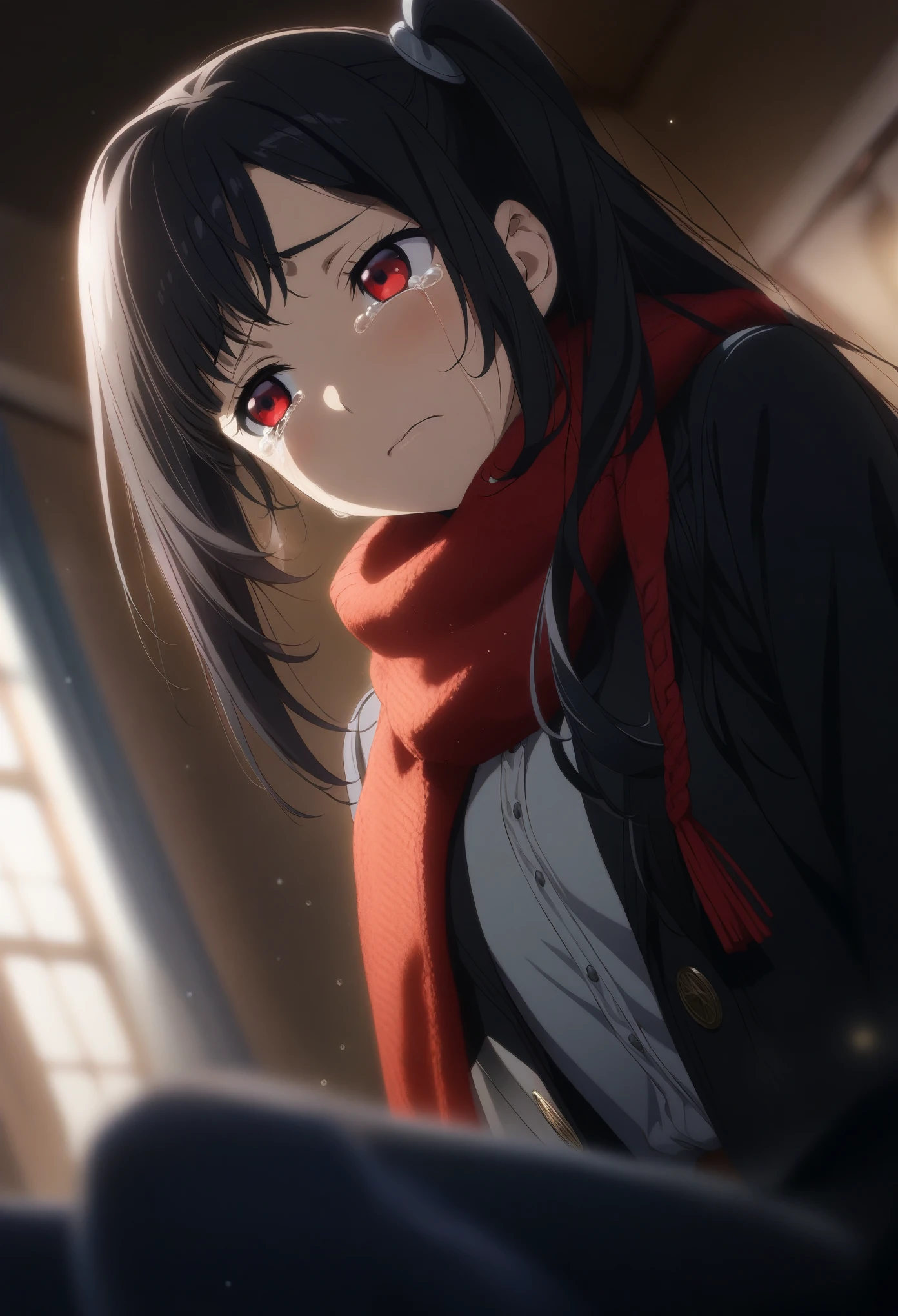 1girl kokudou juunigou, official art, sitting, crying, tears streaming, black coat, red scarf, black hair, side_ponytail, red eyes, (very aesthetic, best quality, ultra detailed), intricate details, highres, indoors, light particles, close-up, blurry background,, low angle, cinematic angle, cowboy shot, emotional, delicate features