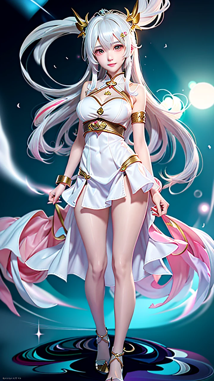 Anime girl in white with a flowing white dress and gold accents., Whole Xianxia, white haired god, ((Beautiful Fantasy Empress)), flowing white coat, anime goddess, Hess Jinyao, Beautiful Fantasy Empress, long, fine white hair, Flowing magic cloak, Anime Barbie in a white dress, beautiful heavenly mage, goddess. Very high detail