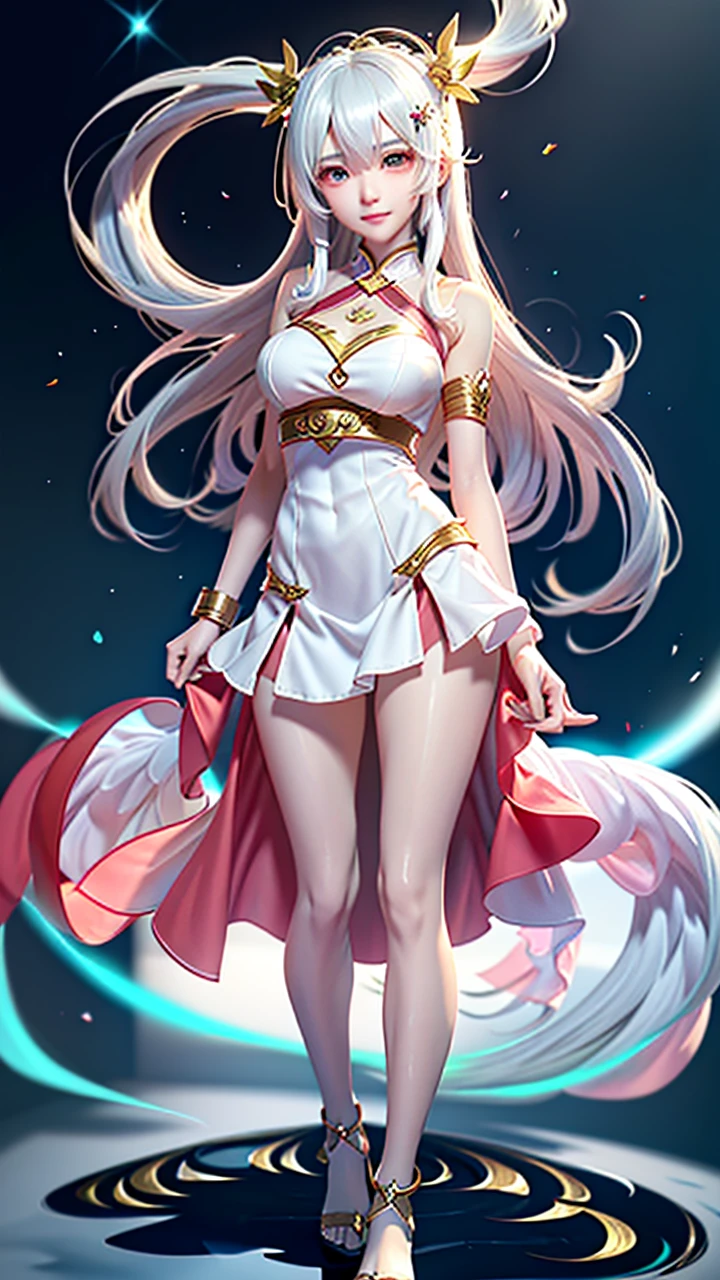 Anime girl in white with a flowing white dress and gold accents., Whole Xianxia, white haired god, ((Beautiful Fantasy Empress)), flowing white coat, anime goddess, Hess Jinyao, Beautiful Fantasy Empress, long, fine white hair, Flowing magic cloak, Anime Barbie in a white dress, beautiful heavenly mage, goddess. Very high detail