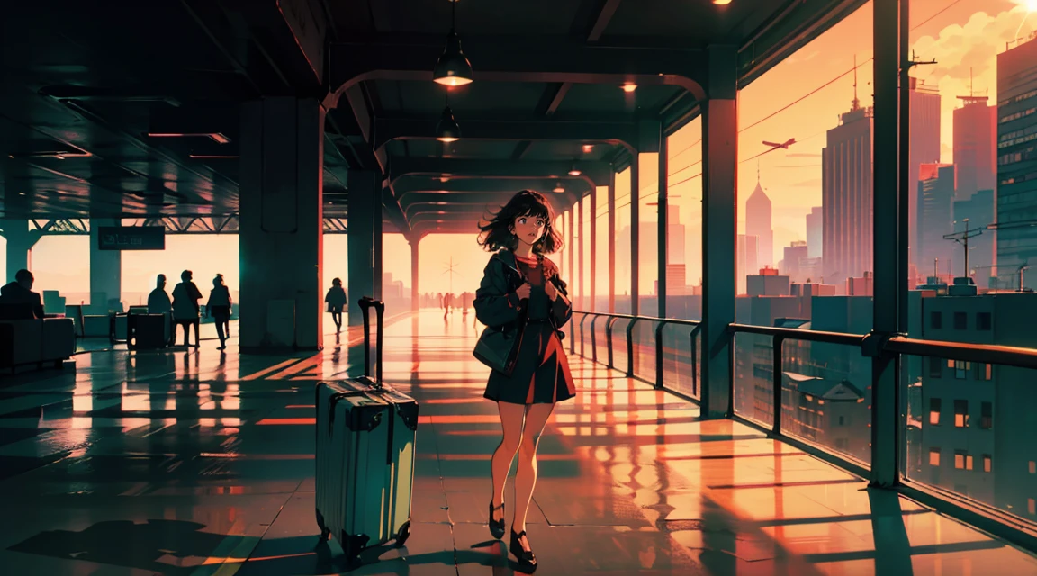 New modern airport, The plane is flying, It has a nice atmosphere, Adult women, Trunk Case ,Perfect Face, A melancholic look, (Backlight: 1.1), A scene from a movie, Soft Shadows, masterpiece, Highest quality, Complex, Model shooting style, Film Grain, Wide Shot、Red lipstick