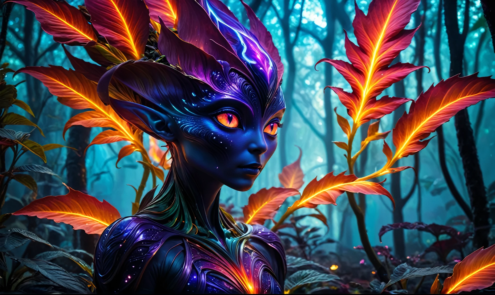 (best quality,4k,highres,masterpiece:1.2),ultra-detailed,realistic,portrait,alien,fire magic plant,unbelievable eyes,fantasy creature,glowing colors,luminous plant,extraterrestrial,flame-like leaves,surreal landscape,eerie atmosphere,otherworldly beauty,ethereal glow,unique species,magical powers,mysterious entity,dreamlike scene,fantastic species,enchanted forest,unearthly presence,mesmerizing gaze,unconventional appearance,radiant energy,powerful aura,magical essence,cosmic being,other-dimensional,mythical plant,unexplained phenomenon,colorful blooms,unleashing power,darkness and light,hidden secrets,unveiling mysteries,secrets of the universe,living masterpiece,manifestation of magic.