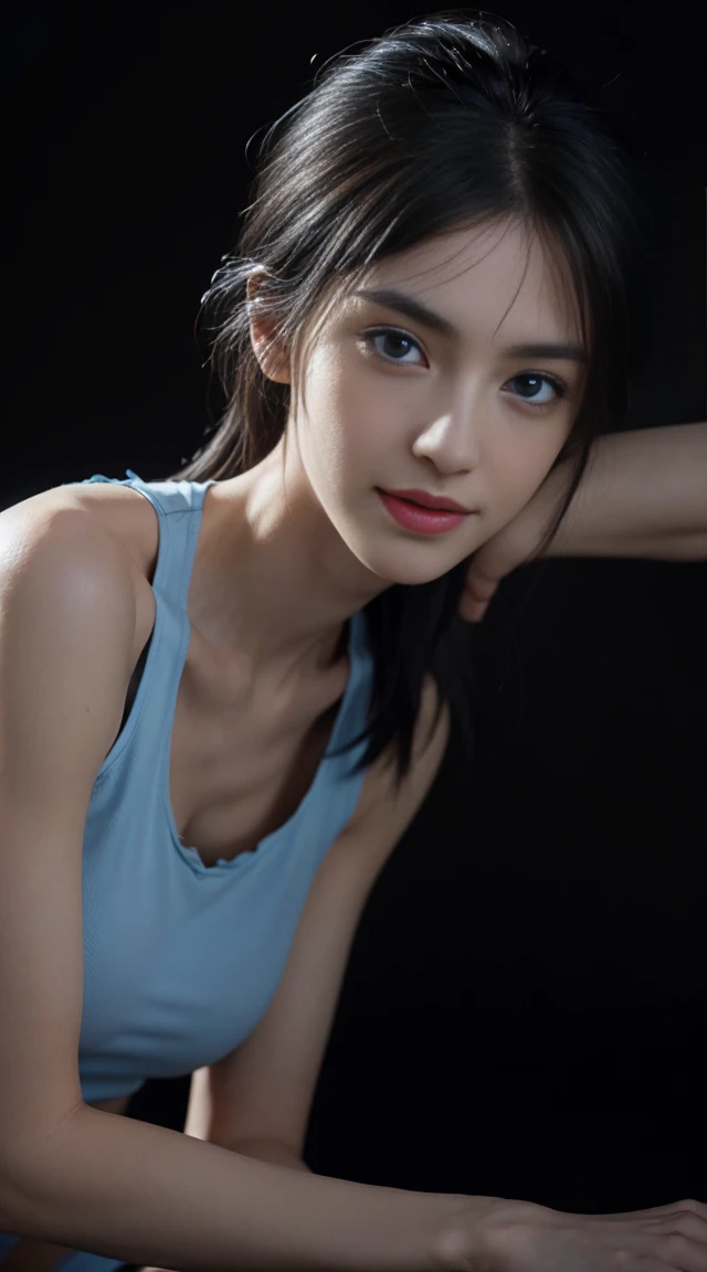 8K, Top Quality, Intricate Details, Ultra Detail, Ultra High Resolution, Masterpiece, random angle,  Slender, Smile, (Makeup: 0.4), (Fluffy Blue Eyes: 1.21), blue Eyes, looking at viewer, ((full body)), 1girl, solo, 1 girl, (( full body)), close up shot, , ((tall)), (((fit body))), (((slim face))), sharp face, sharp eyes, (((black hair,  )) , (detailed face), sharp face, small lips, 
 (( )), ((Ripped fitness wear, torn fitness short)),  detailed face, detailed breast, , large breast, detail ass, , Beautiful girl with accentuated slender abs: 1.4, Six Pack Abs: 1.4, Bust Botox, Big, Perfect Body, detail leg, (( dark background)), black background,
