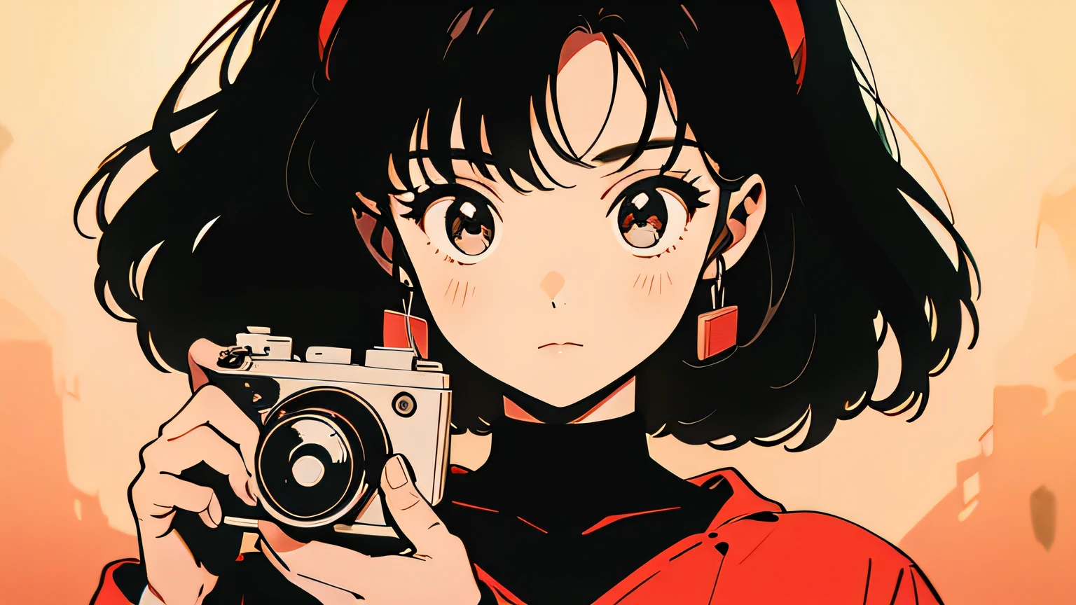 A picture of a girl in anime style holding a old camera. The girl has big eyes, black hair, and wears a red hairband. The cassette tape is red and she holds it up in front of her face. The background is simple and the main focus is on the girl and the old camera.