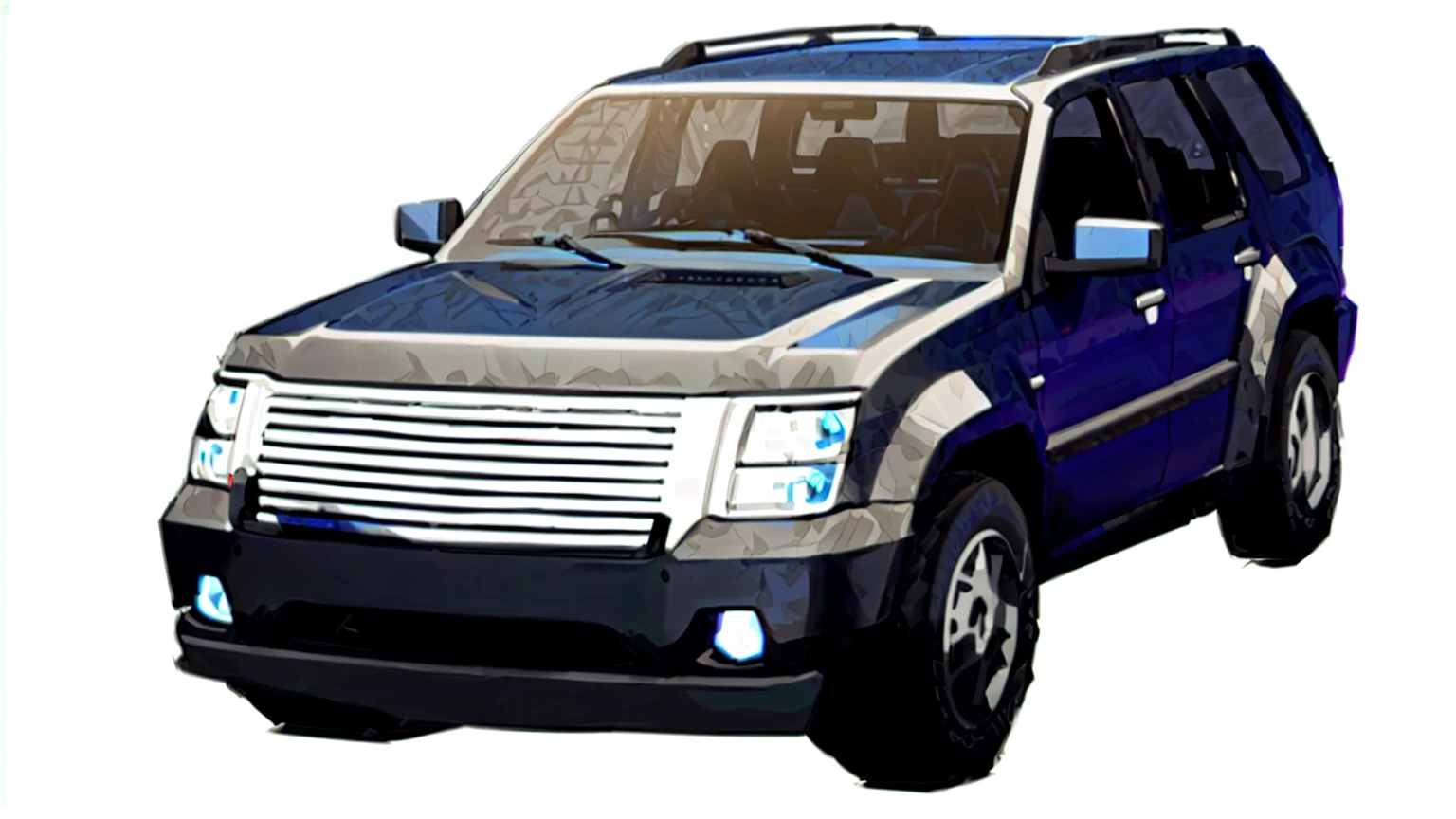Alafed SUV with blue top and black roof, vehicle profile, Vehicle concept photos!!, full view of a car, tundra, author：Alan Jones, Traffic design renderings, Vehicle illustration, No hood | | Realistic shadows, Digital Art - N 9, 2 0 0 0, 2000, steel gray body, Bump maps, a car, Full Vehicle