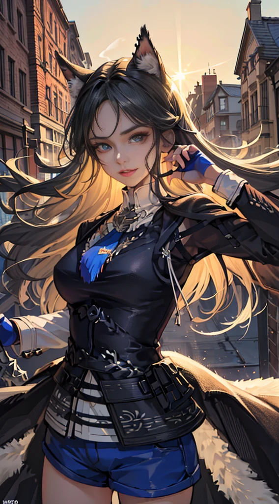 a young girl with long blonde hair in a high ponytail, beautiful blue eyes, wearing a sports top and shorts, large breasts, smiling, holding a karambit knife, (best quality,4k,8k,highres,masterpiece:1.2),ultra-detailed,(realistic,photorealistic,photo-realistic:1.37),extremely detailed face and eyes,beautiful detailed eyes,beautiful detailed lips,extremely detailed eyes and face,long eyelashes,1girl,high quality,intricate details,hyper realistic,cinematic lighting,vibrant colors,elegant,dynamic pose,action,weapon