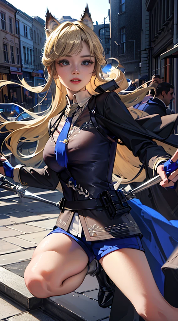a young girl with long blonde hair in a high ponytail, beautiful blue eyes, wearing a sports top and shorts, large breasts, smiling, holding a karambit knife, (best quality,4k,8k,highres,masterpiece:1.2),ultra-detailed,(realistic,photorealistic,photo-realistic:1.37),extremely detailed face and eyes,beautiful detailed eyes,beautiful detailed lips,extremely detailed eyes and face,long eyelashes,1girl,high quality,intricate details,hyper realistic,cinematic lighting,vibrant colors,elegant,dynamic pose,action,weapon