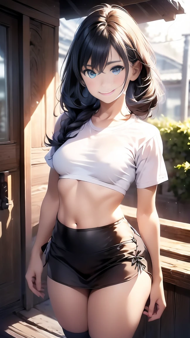 (RAW Photos:1.2),(Realistic:1.4),(masterpiece:1.3),(Highest quality:1.4),超High resolution, High resolution,8K resolution, dream-like, Check the explanation,Clarification Request,scenery,((No text)), alone focus, (whole body),View your viewers, (Fine grain),(Detailed facial features), (Detailed clothing features), (Shiny skin),(Slender girl),(Slim girl), (One girl,alone), Happy, (smile), (Small breasts), mini skirt,T-Shirts,
