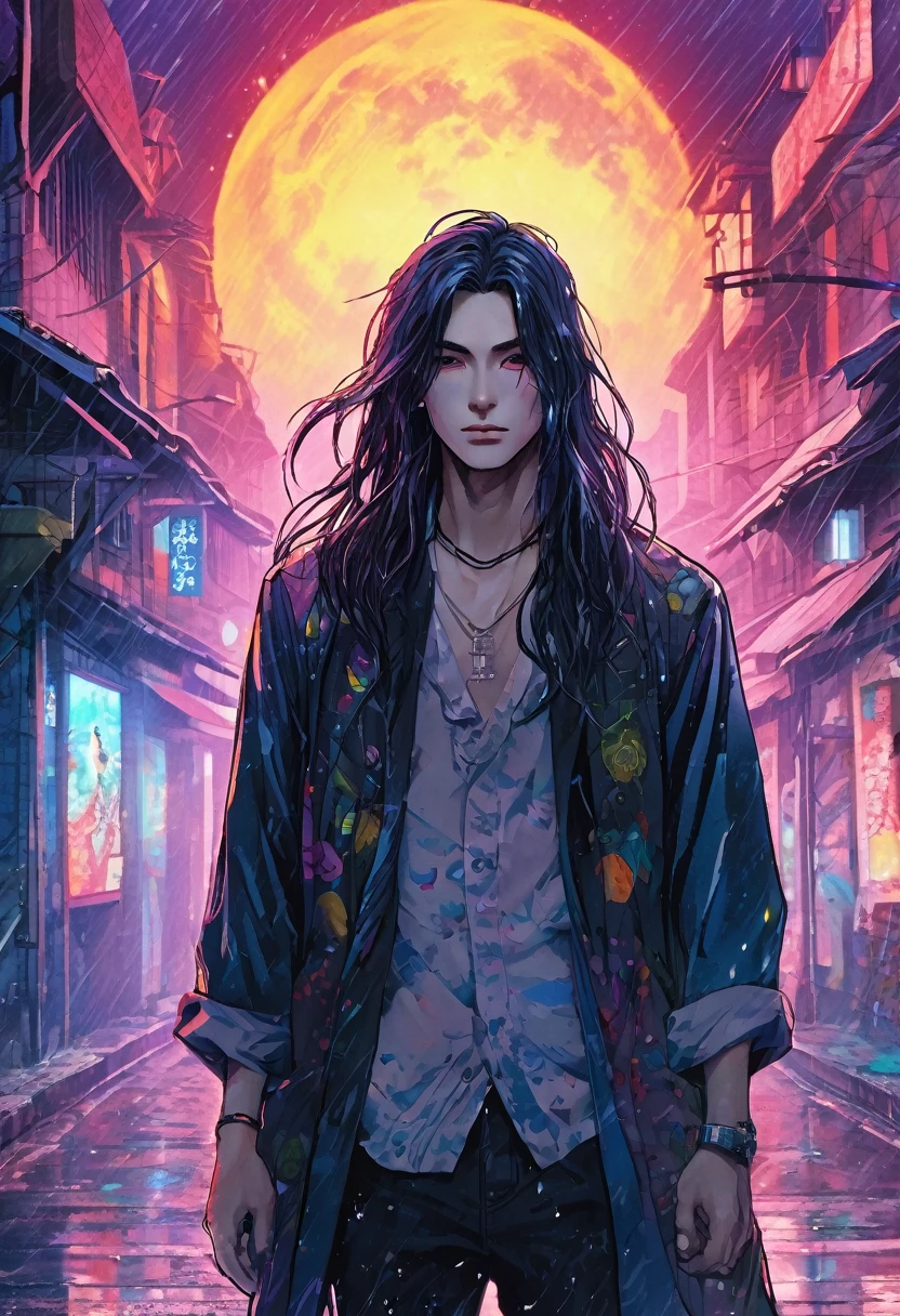 An ethereal sultryseductivedemonic 20 year old anime male druid with metallic long hair and tattoos, delicate masterpiece intimate glowing neon tattoos, anime druid demon male hellscape at night, manga inspired by Masashi Wakui, rainbow color palette, atmospheric fog, decay, worn textures, rain-soaked fantasy village, manga-style illustration --s 150 --ar 1:2 --c 5 Removed From Image