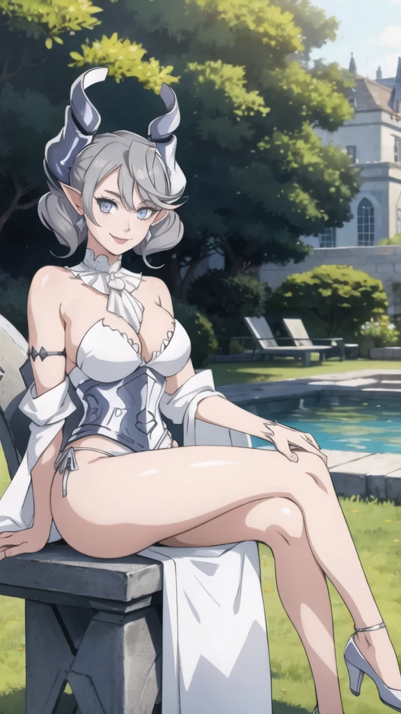 garden sun light High level image quality best image quality 8K adult woman silver castle outside more colors whole body view portrait bikini horn ears short hair((shortcut)(gray hair)(perm)(fluffy)) eye color is blue , , attractive evil face , smile , sexy pose , labrynth , barearm , wearing white , sitting on chair , crossed legs, view heels , view side