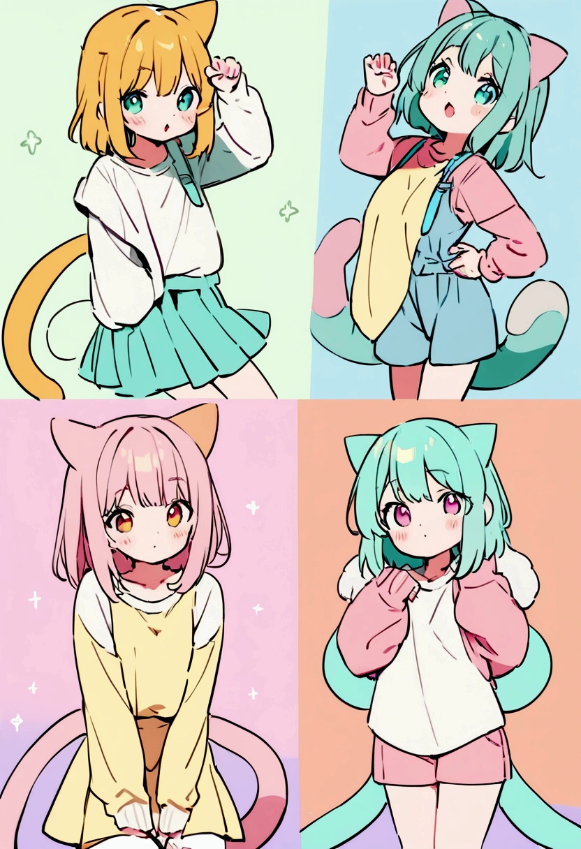 List of illustrations of cute cat poses, several side-by-side, cute colors and poses, best image quality