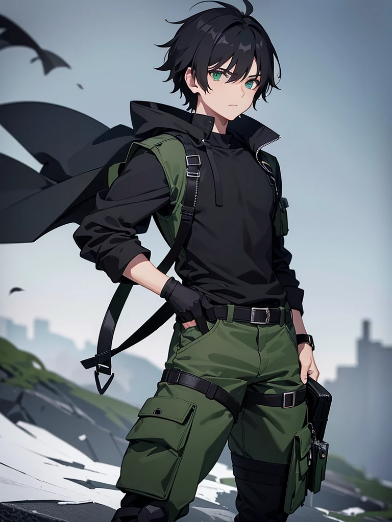 Main Clothing**:
- **chemise**: Ryuga wears a black fitted long-sleeved shirt., made from a lightweight, durable fabric that allows freedom of movement and protection from the weather.
- **jaket**: Over the shirt, he wears a dark green sleeveless jacket with several pockets, Ideal for carrying essential items and small Hunter gear.
- **Pants**: Pants cargo de cor cinza, Reinforced knees for durability and multiple pockets for extra utility.
- **shoes**: black combat boots, resistant and comfortable, perfect for long walks and fights.