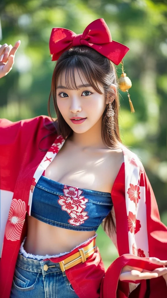 Asian woman in her fifties taking a photo wearing a red kimono top and denim shorts, Young Gravure Idol, Young and cute gravure idol, Japanese Goddess, realistic Young Gravure Idol, shikamimi, Japanese Model, Young and skinny gravure idol, Young and sexy gravure idol, sakimichan, Yoshitomo Nara, In kimono，The background is a summer festival