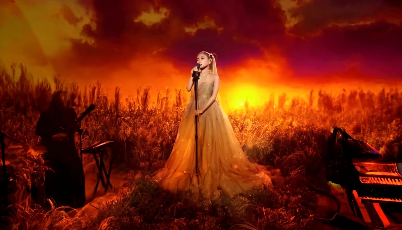 Ariana Grande, a pretty woman in a long dress singing into a microphone in a field, blonde ponytail, foreground background, performing, flowing gown, wearing a dress made of stars, bathed in golden light, sunset