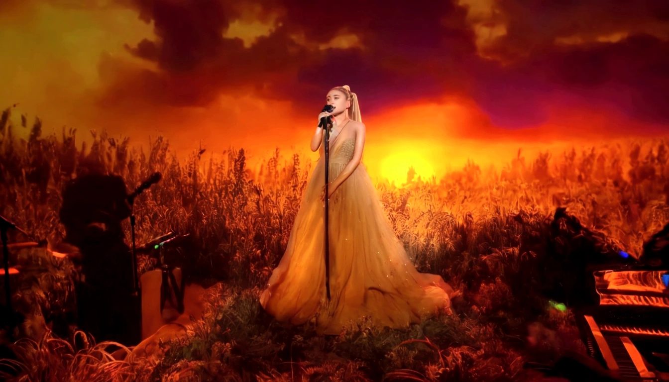 Ariana Grande, a pretty woman in a long dress singing into a microphone in a field, blonde ponytail, foreground background, performing, flowing gown, wearing a dress made of stars, bathed in golden light, sunset