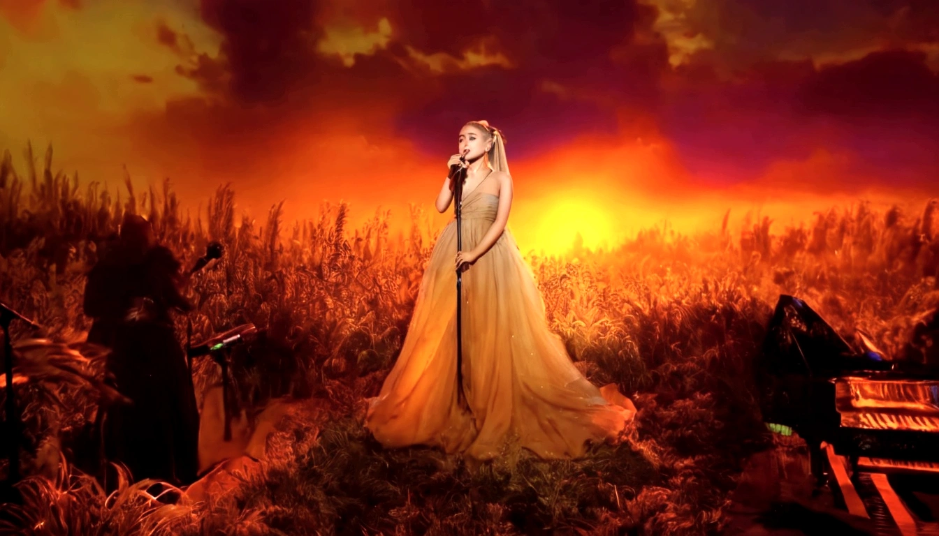 Ariana Grande, a pretty woman in a long dress singing into a microphone in a field, blonde ponytail, foreground background, performing, flowing gown, wearing a dress made of stars, bathed in golden light, sunset