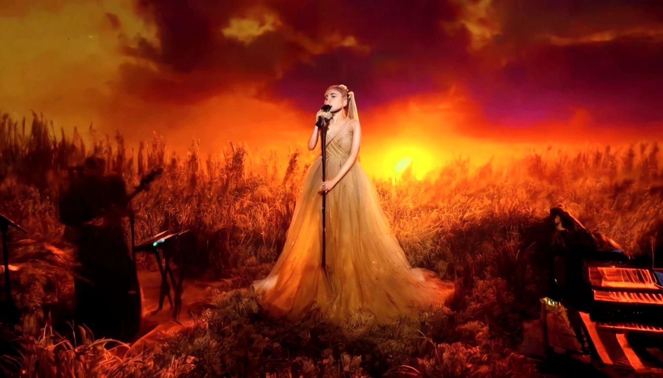 Ariana Grande, a pretty woman in a long dress singing into a microphone in a field, blonde ponytail, foreground background, performing, flowing gown, wearing a dress made of stars, bathed in golden light, sunset