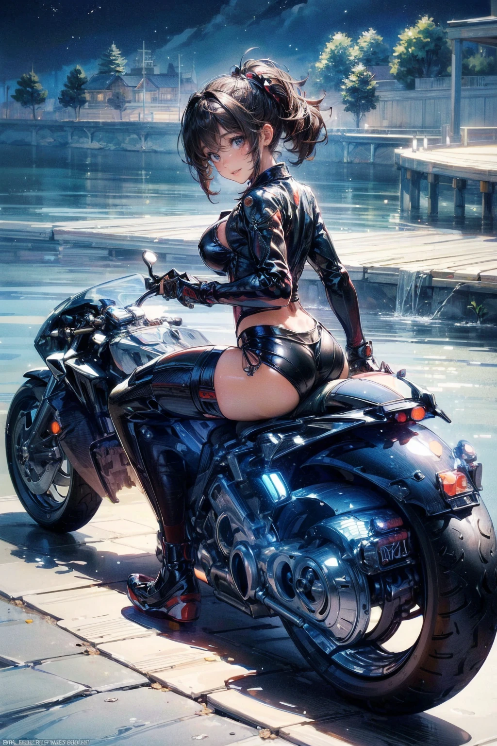 nsfw、(masterpiece, Highest quality, Super detailed:1.3), Perfect composition, 4K, (Very detailed, Super detailed), Bikini Swimwear、Horizontal striped swimsuit、sneakers, High resolution, 8k Texture, Attention to detail, Very detailed肌の質感, Magnificent details, High Sharpness, One girl, (Fine grain:1.3), (25-year-old woman:1.3),(Fully cowled motorcycle)、((Ride a motorcycle:1.3))、View Viewer、smile、Nipple swelling