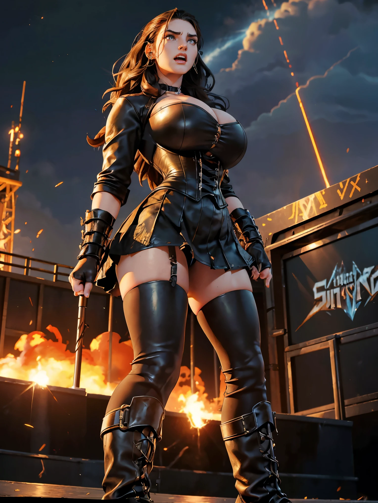 Extremely busty thin and toned brunette death metal singer, college girl, fair skin, big hair, hair pulled back, soft face, athletic, heavy makeup, piercings, black leather, studs, corset, boots, fingerless gloves, tight skirt, chains. standing on a stage, pyrotechnics, holding a microphone, metal concert. (microphone, fist in the sky), angry, rage, screaming. Heavy metal. Death metal. Explosions, fire.