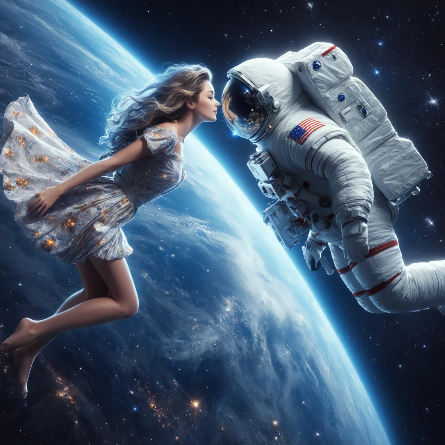 arafed image of a woman in a dress and an astronaut in the space, girl in the space, floating in the space, space walk scene, space walk, space travel, in the space, space dream, flotando in the space exterior, of space travel, drifting in the space, flotando in the space, on the astral plane ) ) ), 4k post, 4k post, in the space