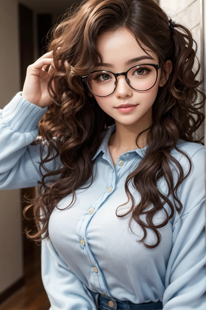 with curly hair and wearing glasses