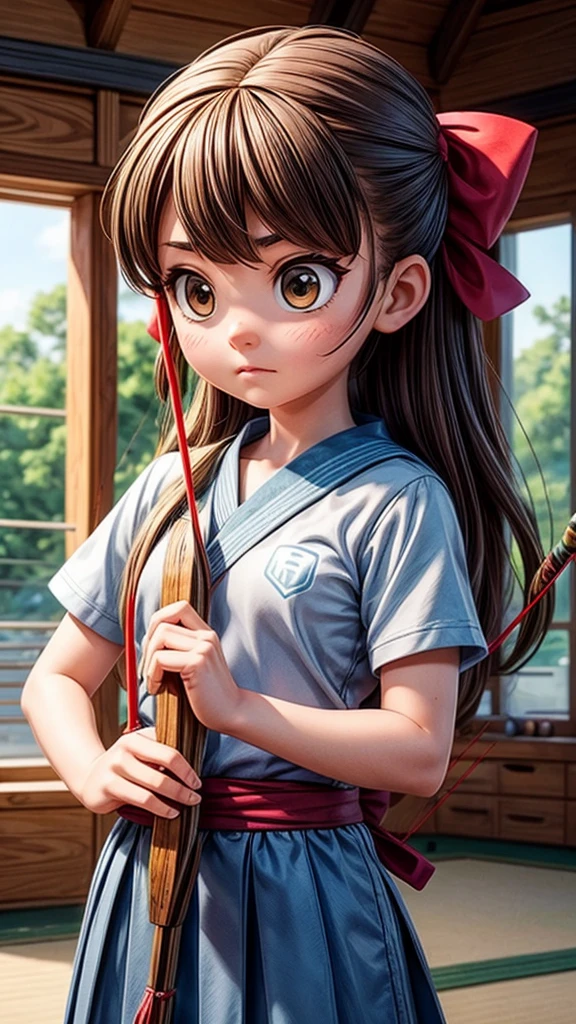 Archery dojo、Girl with a bow、Serious look、nervous