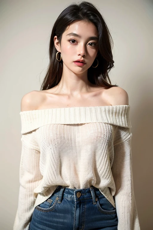 ((Highest quality)), ((masterpiece)), (detailed), One girl, Off-the-shoulder sweater,
