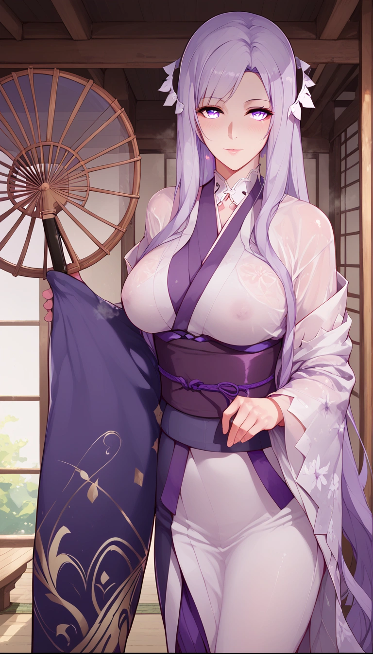 score_9, score_8_up, score_7_up, score_6_up, uncensored, quinella, purple hair, hair ornament, long hair, purple eyes, lips, naughty face, shiny skin, sweating, steaming body, heavy breathing, BREAK (masterpiece:1.2), best quality, high resolution, unity 8k wallpaper, (illustration:0.8), (detailed eyes:1.3), extremely detailed face, perfect lighting, extremely detailed CG, (perfect hands, perfect anatomy), large breasts, narrow waist, purple kimono, floral print kimono, obi, holding large hand fan, standing in the Japanese garden