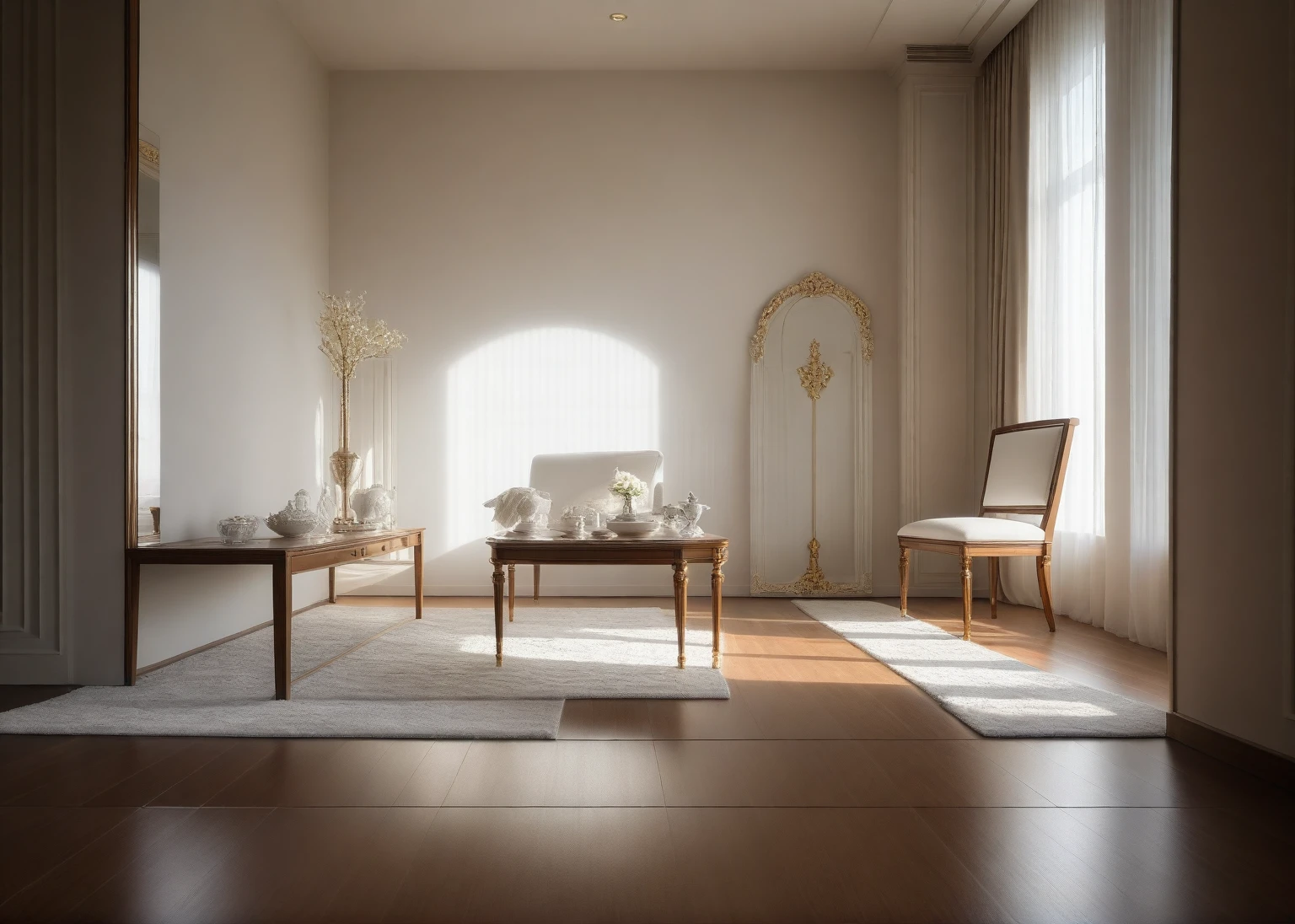 ,Masterpiece, Best quality,8K, Ultra-high resolution,When you step into the (living: 1.1) ,Immediately surrounded by a rich atmosphere of luxury. The space  was covered with a soft white fluffy blanket,It is so comfortable,So much so that you can't help but indulge in it。Embellished with precious porcelain and white-off gold ornaments。Whenever it is late afternoon,The afterglow from the window spilled on the floor,Soft light and shadow are reflected,It was as if entering a dreamland. ((Wooden chair and table : 1.3)), ((COLUMN MIRROR : 1.3))