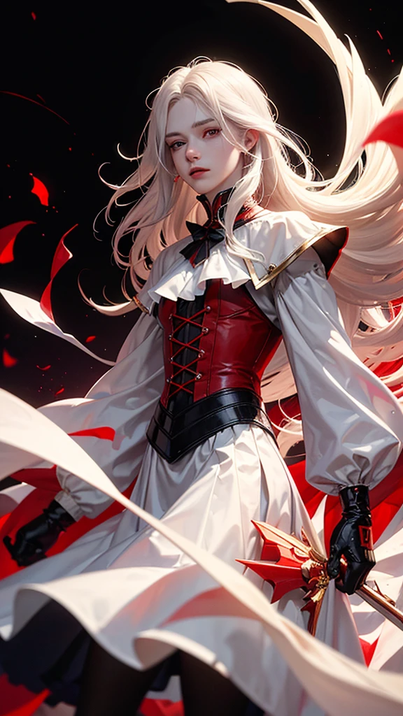 A 20-year-old man wearing a red Victorian dress, wavy white hair, Caucasian skin, Eyes red, rosy mouth and cheeks, indecent look. He's a vampire. He's looking at the viewer. Black background with yellow lights.