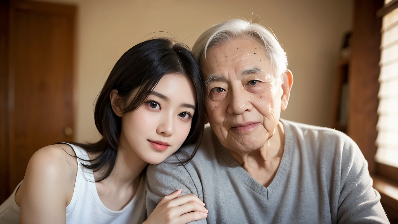 An 80-year-old Japanese man and a 20-year-old Japanese woman,Dark Bar,Age difference Age difference, 80-year-old man, smile, Put your arm around someone's shoulder, Sexy Young girl 20, Small and sexy size, Black short hair, Embarrassed and blushing face, Gray-haired old man, Young girl , Detailed face, Realistic, Realistic, Big Breasts,Looking at the camera