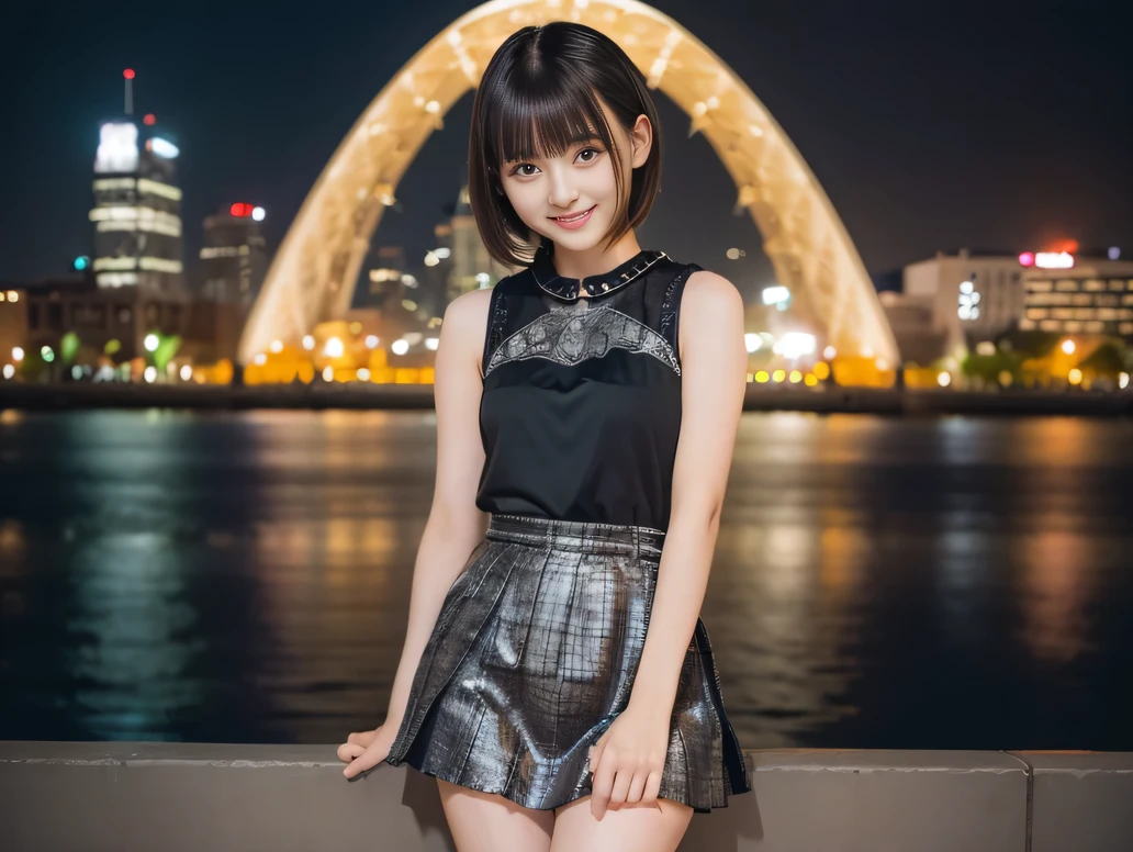 (8K, RAW Photos:1.2), Detailed face and eyes,最high quality, Ultra-high resolution, Very detailed ,Intricate details ,Tabletop ,pretty girl ,Round eyes、 Soft cinematic light, Hyper Detail,Sharp focus, high quality, Brown Hair,((Bobcut))、(Straight bangs)、City of night、Night view、 ((Black Tank Top))、(Black pleated skirt)、”dwarf”、(Full Body Shot)、Waist、(I can see your thighs)、Cowboy Shot、Smile、Floral clothes、