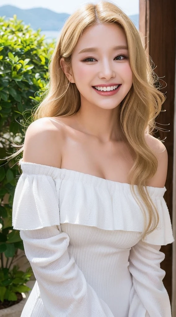 Surreal beautiful woman with blonde wavy hair and a big smile on her face.South Korea.Pure white off-shoulder low-cut dress.role play