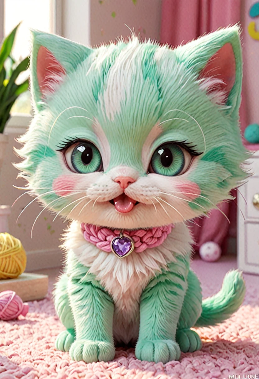 A charming, chibi-style rendition of a cute kitten, designed with exaggerated, adorable features. Tongue out. The kitten's eyes are large and expressive, resembling bright sapphire crystals, and it has a small. It is playfully batting at a fluffy ball of thread, vividly colored in pastel shades of pink, mint green, and lavender. The scene is set in a cartoonish, cheerful room, with soft, rounded furniture and playful decorations, all bathed in a warm, inviting light. The style is digital art by Mimi Lune, who specializes in creating heartwarming, chibi-style characters and scenes, infusing the image with a sense of innocence, joy, and playful charm. This kitten, with its endearing design and bright, engaging colors, captures the essence of a playful, childlike wonder.