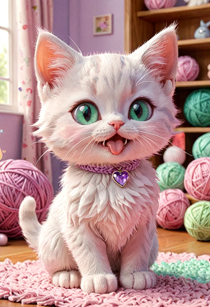 A charming, chibi-style rendition of a cute kitten, designed with exaggerated, adorable features. Tongue out. The kitten's eyes are large and expressive, resembling bright sapphire crystals, and it has a small. It is playfully batting at a fluffy ball of thread, vividly colored in pastel shades of pink, mint green, and lavender. The scene is set in a cartoonish, cheerful room, with soft, rounded furniture and playful decorations, all bathed in a warm, inviting light. The style is digital art by Mimi Lune, who specializes in creating heartwarming, chibi-style characters and scenes, infusing the image with a sense of innocence, joy, and playful charm. This kitten, with its endearing design and bright, engaging colors, captures the essence of a playful, childlike wonder.