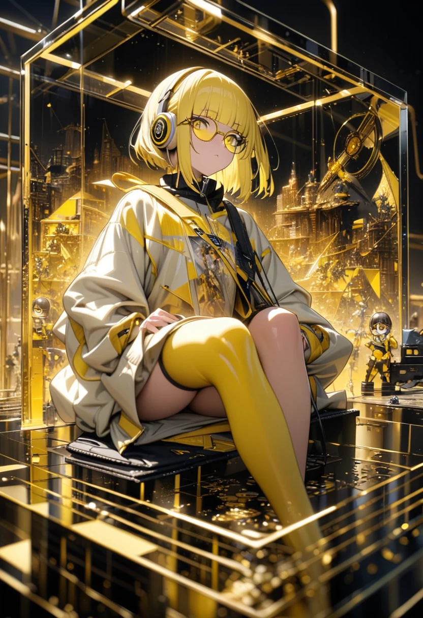 masterpiece, best quality, 16K, absurdres, insanely detailed, miniature art, angelic, golden ratio beautiful, female, (((yellow glasses:1.3))), headphone, short hair, blunt bangs, full_body