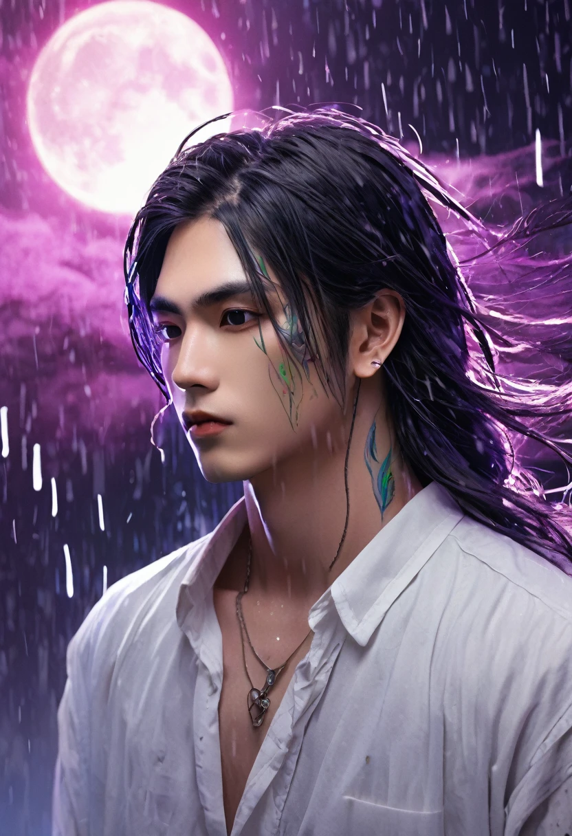 An ethereal sultryseductivedemonic 20 year old anime male druid with metallic long hair and tattoos, delicate masterpiece intimate glowing neon tattoos, anime druid demon male hellscape at night, manga inspired by Masashi Wakui, rainbow color palette, atmospheric fog, decay, worn textures, rain-soaked fantasy village, manga-style illustration --s 150 --ar 1:2 --c 5 Removed From Image