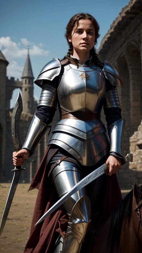 "Generate a highly realistic and stunningly beautiful image of Joan of Arc. The image should be ultra-high definition and look like a photograph. Joan of Arc should have an incredibly beautiful face, with strong, noble features that capture her bravery and determination. She should be depicted in her iconic armor, holding a banner or sword, and the background should reflect a medieval setting. Ensure there are no sexualized elements in the depiction."