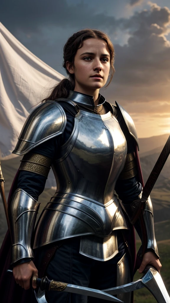 (best quality, 4k, 8k, highres, masterpiece:1.2), ultra-detailed, (realistic, photo realistic,photo-realistic:1.37, Create an image of Joan of Arc that captures her beauty and delicate strength, portraying her as a figure of ethereal grace and quiet determination amidst the backdrop of her historic mission.
Joan of Arc stands in a serene moment of contemplation, her delicate features framed by the soft, golden light of dawn. Her face is youthful and serene, with high cheekbones, gentle eyes that convey both vulnerability and unwavering faith, and lips that form a slight, determined smile. There is a subtle, almost otherworldly glow to her skin, emphasizing her divine inspiration.
Her long, wavy hair, the color of chestnut, cascades down her back, free from the confinement of a helmet. A few loose strands gently flutter in the breeze, adding to her ethereal appearance. She is dressed in a simple yet elegant suit of armor, its polished surface reflecting the morning light. The armor, though functional, is beautifully crafted, with delicate engravings of lilies and religious symbols that speak to her holy mission.
In one hand, she holds a slender, elegant sword, its blade shining with an inner light. The sword is both a weapon and a symbol of her divine purpose. In her other hand, she lightly grasps a banner, the flag of France, its fabric gently waving in the soft breeze. The banner is pristine, its vibrant colors a stark contrast to the somber tones of the battlefield in the distance.
Joan stands on a hill overlooking the battlefield, a look of serene determination on her face. The landscape around her is tranquil, with the early morning mist rising from the ground and the first rays of sunlight breaking through the clouds. In the background, the distant sounds of battle are muted, creating a poignant contrast between the chaos of war and the calm resolve of this young heroine.