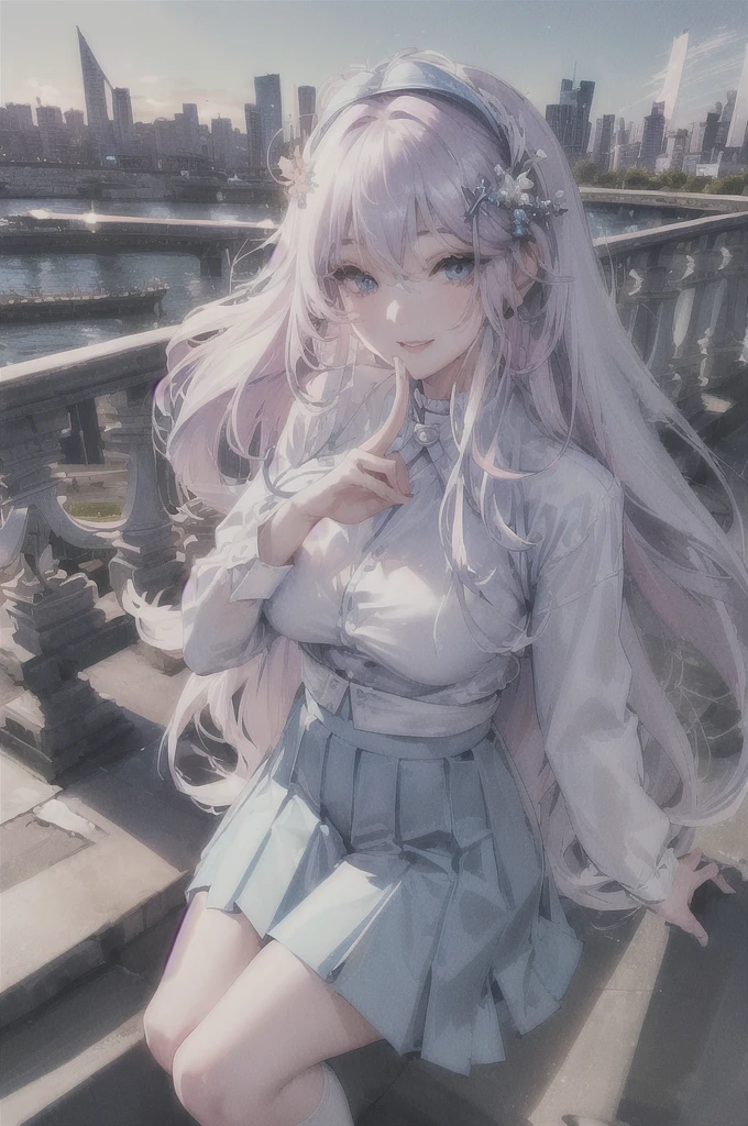 official art, masterpiece, sharp focus, (beautiful gorgeous cute Korean woman:1.3), (beautiful cute korean:1.3), korean beauty, Delicate and beautiful hair and eyes and face, realistic, ultra detailed, beautiful girl, blue sky, glow white particle, (sidelighting:1.2), sun light, white cloud, detailed clouds, slender, Lovely very large breasts and very large hips, smile with teeth, ((smile with eyes, open both eyes)), scenery, long straight hair, sexy facial expression, building, (cityscape:1.7), dynamic hair, long straight hair, detailed platinum pink hair, glow blue eyes, (blue pleated shirts + white skirt), white long socks, pale skin, hair ornament, epic scenery,