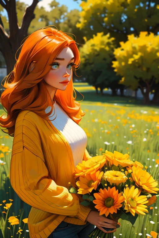 An orange haired woman with green eyes and an hourglass figure in a yellow sweater and jeans is holding a bouquet of orange flowers underneath an oak tree