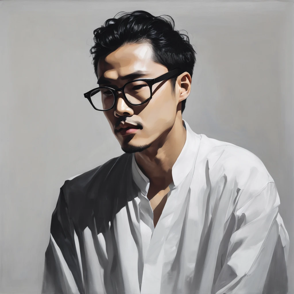 (Minimalist:1.5),Mono Color,an Asia man with stubble, slightly curly hair, and black square plastic-framed glasses,abstract paintings,Lots of white space