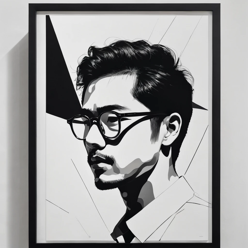 (Minimalist:1.5),Mono Color,an Asia man with stubble, slightly curly hair, and black square plastic-framed glasses,abstract paintings,Lots of white space