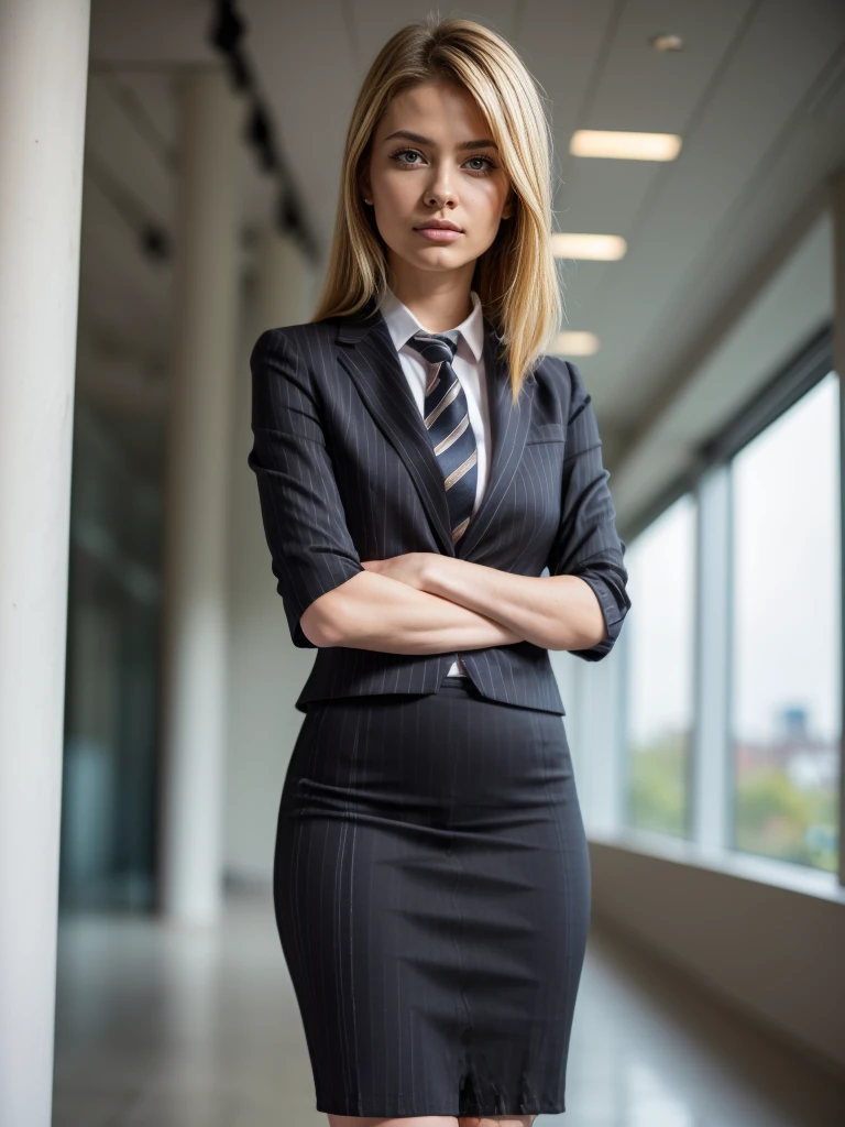 (masutepiece,High quality,16k:1.1),(depth of fields:1.3) ,((front body:1.35)), Ukrainian ,Woman, blonde,makeup,((business suit, black vertical striped pencil skirt )), voluptuous, thicc,(arms crossed:1.5) (wetting herself:1.5), (desperation:1.75),standing ,necktie peeing self, wetting her clothes