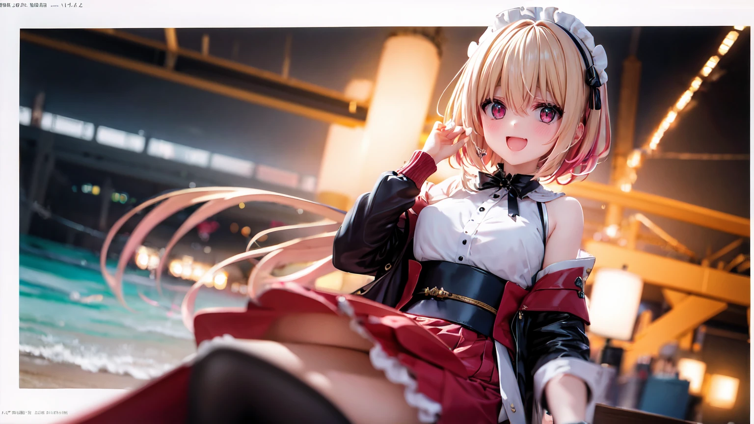 Alice, Anime art style, One girl, 一人w, chest, Lookwg_w_Audience, smile, short_hair, Open_mouth, big_chest, red_eye, hair_between_eye, upper_body, white_hair, :d, Blurred, leader